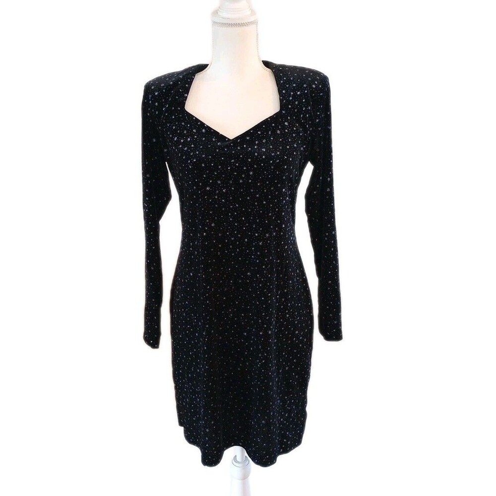 Vtg Velvet Mini Dress Medium 80s 90s Bling Glam Sparkle Long Sleeve Party